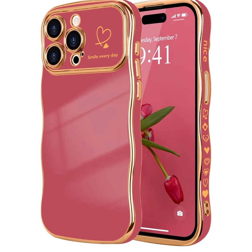 NWOT Faint Red Wave Phone Case for 15 Pro with Gold Trim.